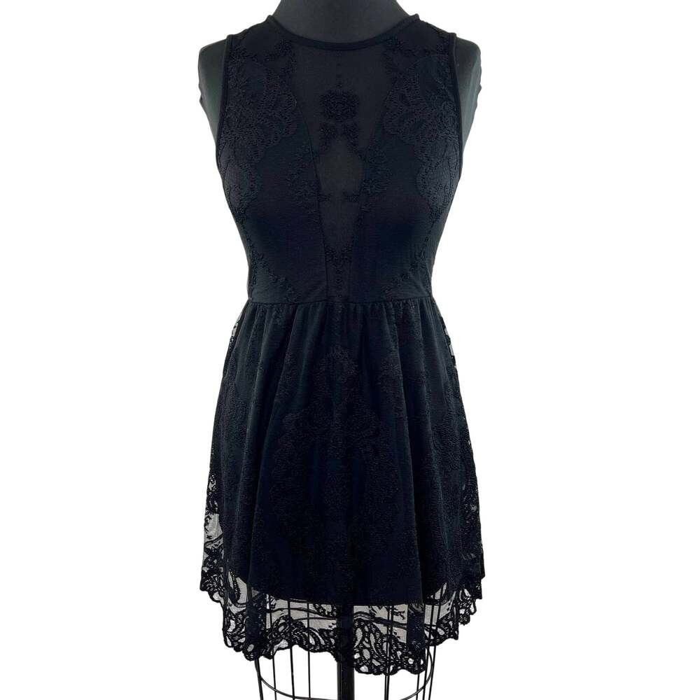 For Love & Lemons Black Floral Lace High Neck Sleeveless Fit Flare Dress Small S